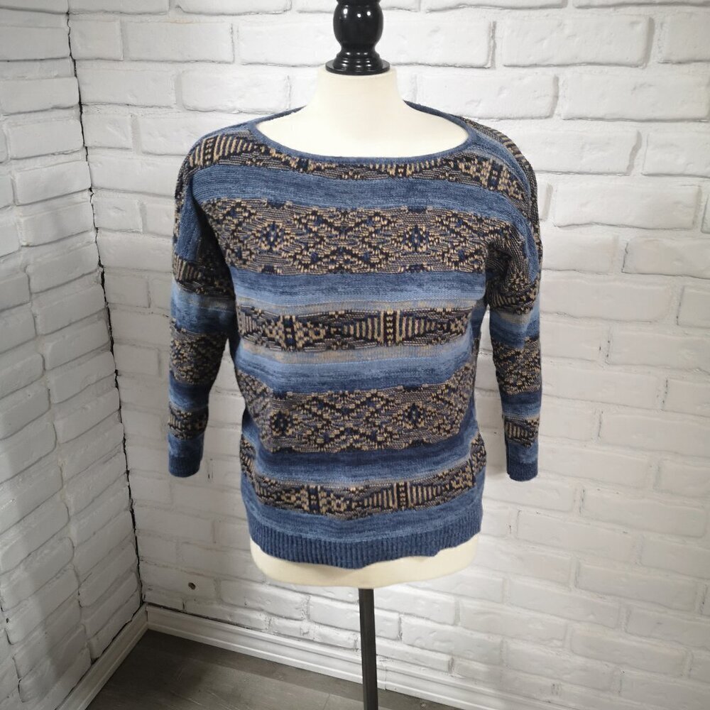 Chaps Denim Ladies Size Large Blue & Tan Linen Blend 3/4 Sleeves Sweater
